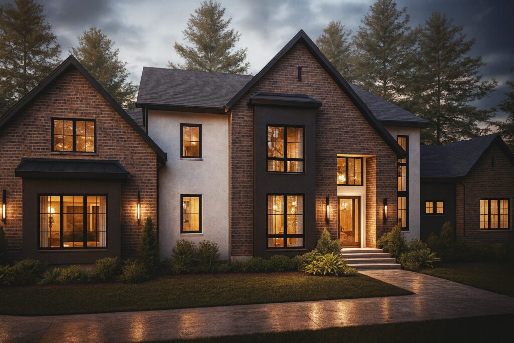 Custom modern home exterior designed and built by FM Design Build in St. Louis featuring brick façade, black windows, and warm exterior lighting.