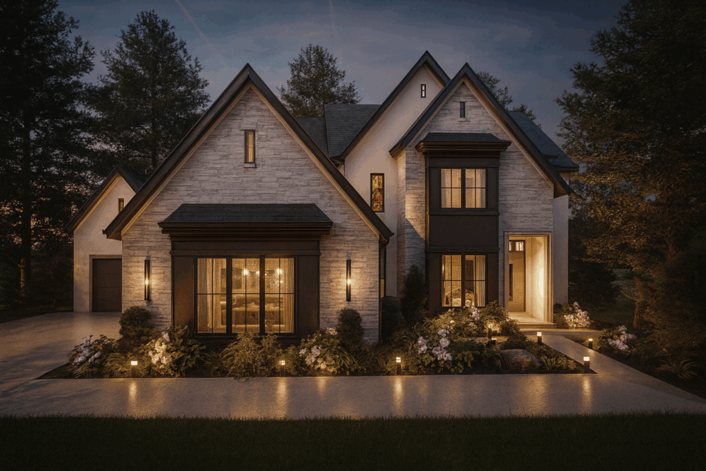 Two-story suburban home at dusk with warm interior lights, stone facade, and a landscaped front yard.