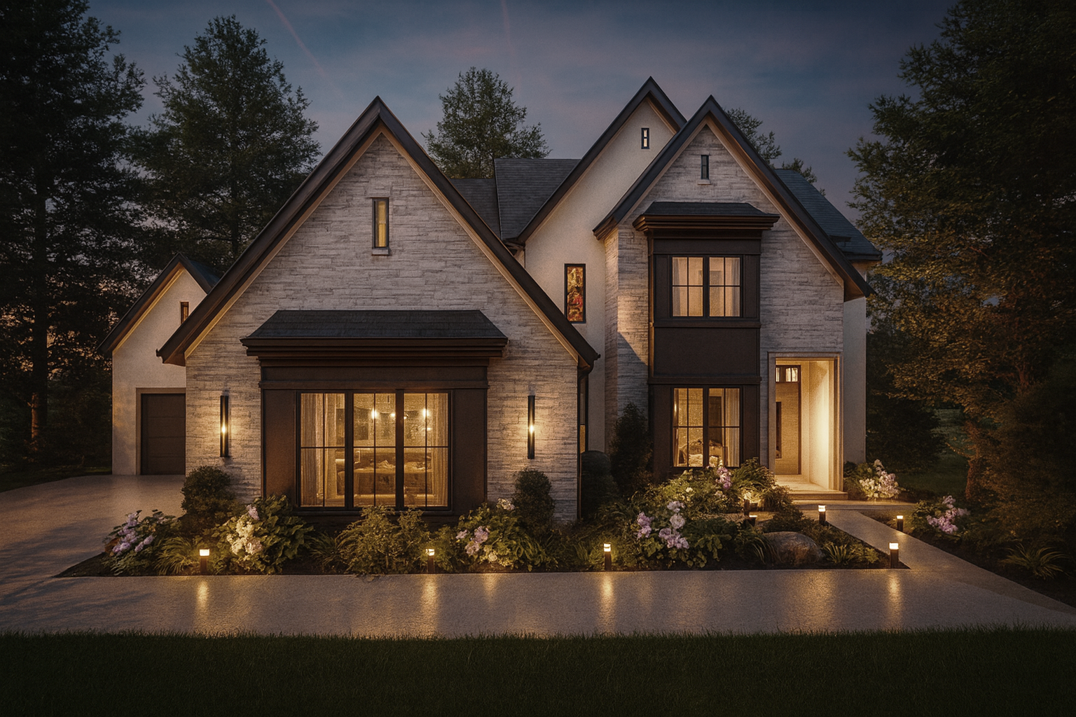 Two-story suburban home at dusk with warm interior lights, stone facade, and a landscaped front yard.