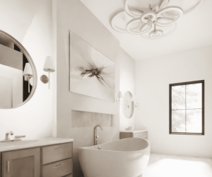 Image of Elegant Bathroom with big mirrow bath tubs in all white theme - custom home builder